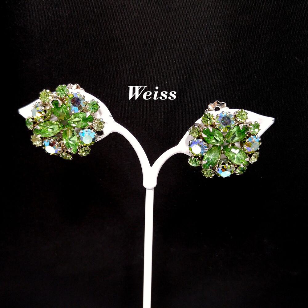 Vintage Weiss Peridot Green AB Rhinestone Clip Earrings Uranium Glass